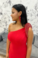 Load image into Gallery viewer, Sparkly Red Beaded Satin Mermaid Long Prom Dress with Slit