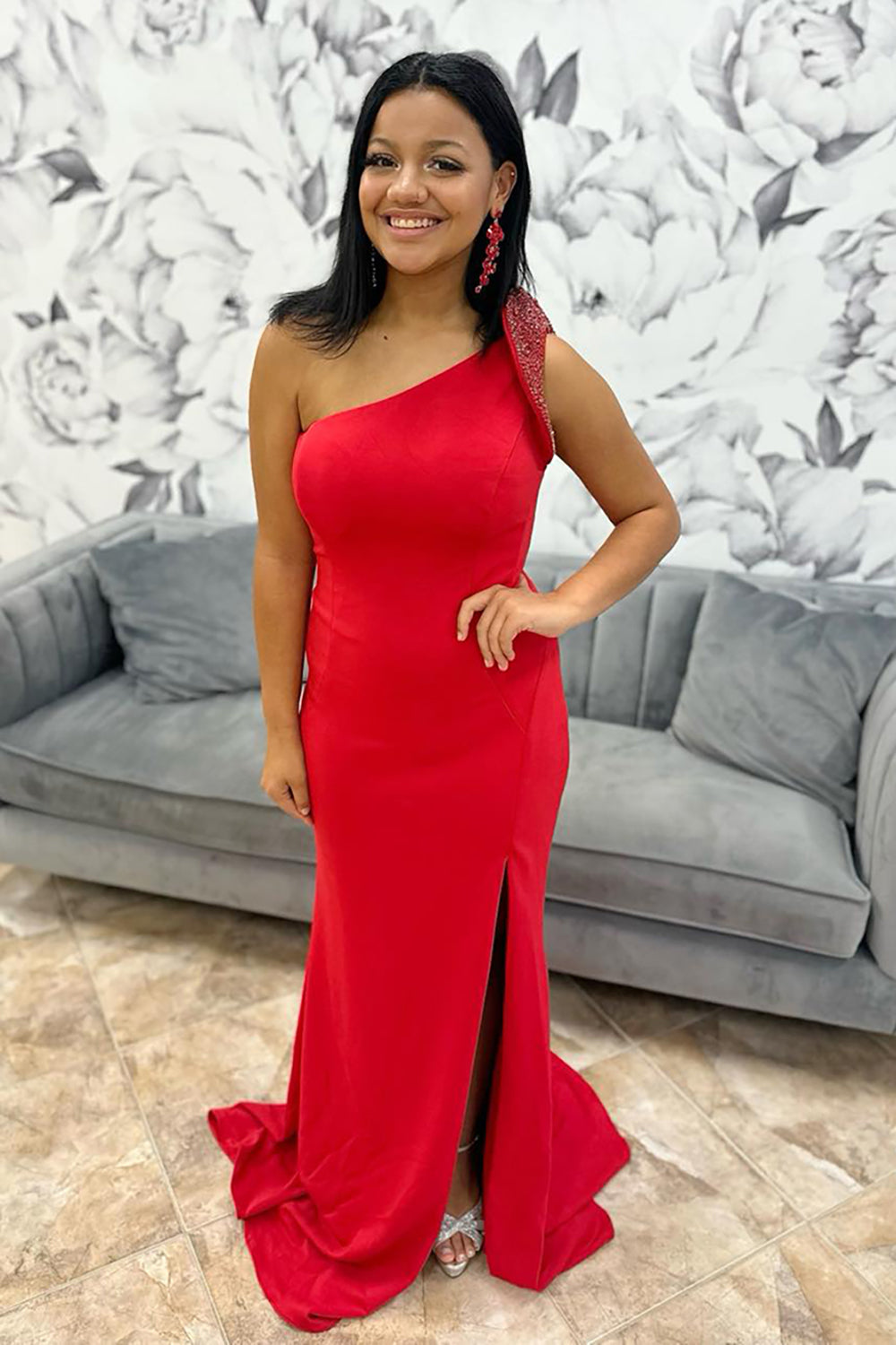 Sparkly Red Beaded Satin Mermaid Long Prom Dress with Slit