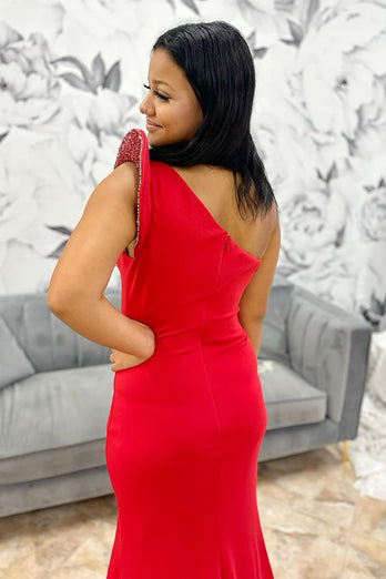 Sparkly Red Beaded Satin Mermaid Long Prom Dress with Slit