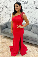 Load image into Gallery viewer, Sparkly Red Beaded Satin Mermaid Long Prom Dress with Slit