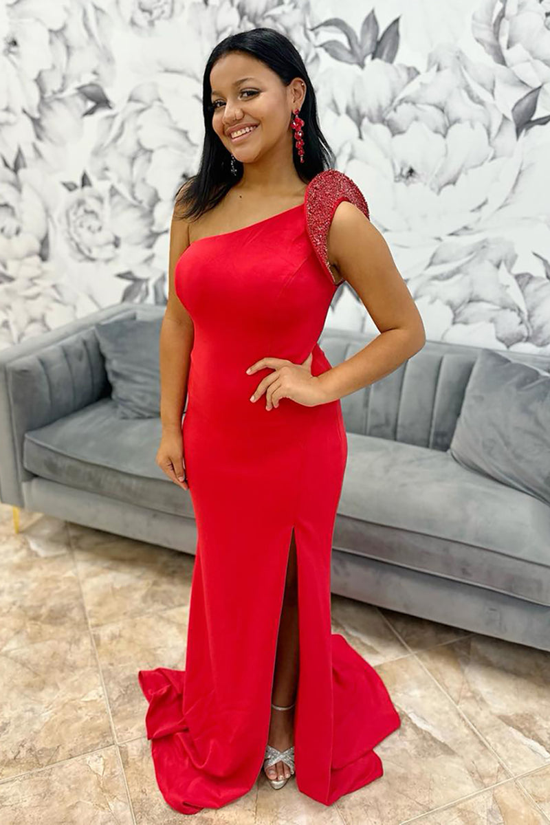 Load image into Gallery viewer, Sparkly Red Beaded Satin Mermaid Long Prom Dress with Slit