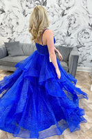 Load image into Gallery viewer, Sparkly Princess Royal Blue Sequin Ball Gown Long Prom Dress with Ruffles