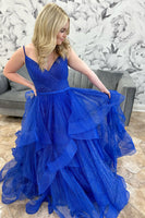Load image into Gallery viewer, Sparkly Princess Royal Blue Sequin Ball Gown Long Prom Dress with Ruffles