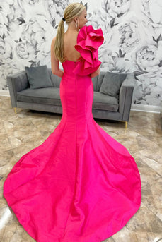 Fuchsia Satin One Shoulder Mermaid Long Prom Dress