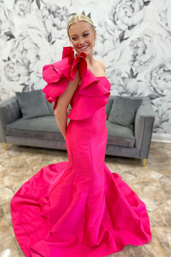 Fuchsia Satin One Shoulder Mermaid Long Prom Dress