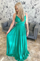 Load image into Gallery viewer, Princess Green Satin Spaghetti Straps A Line Long Prom Dress