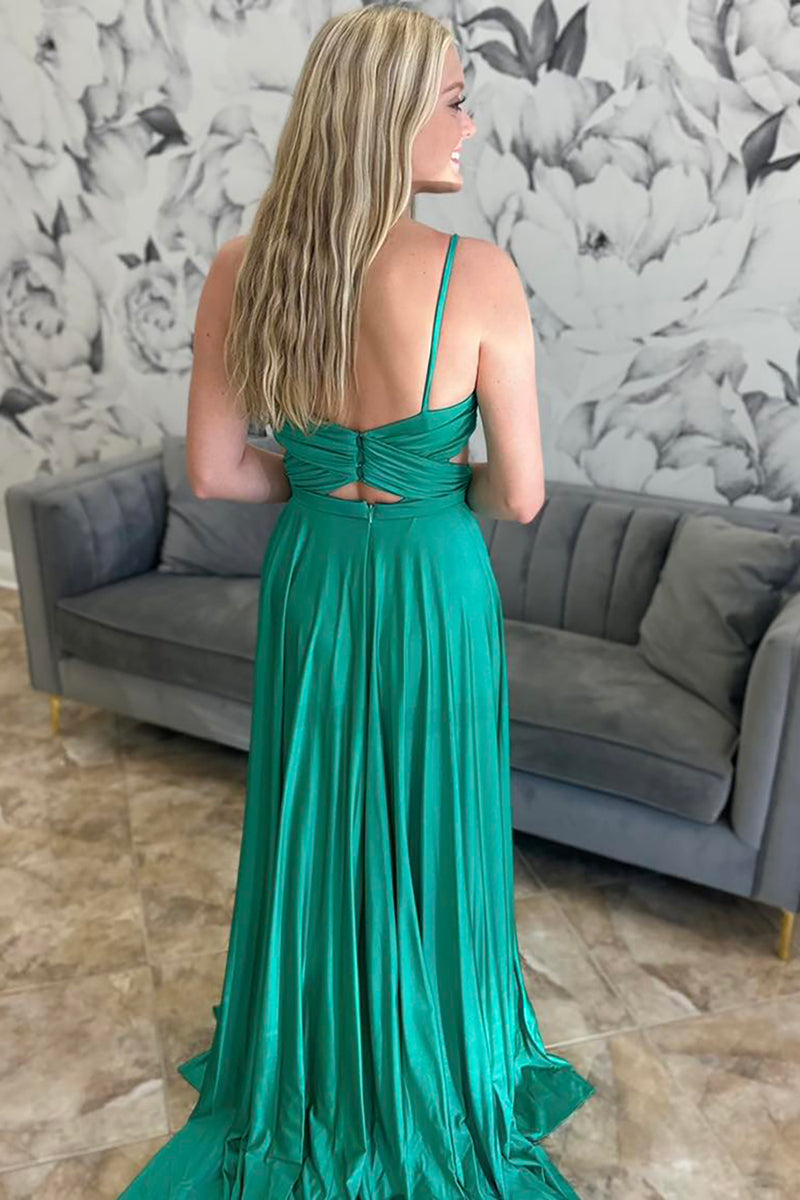 Load image into Gallery viewer, Princess Green Satin Spaghetti Straps A Line Long Prom Dress