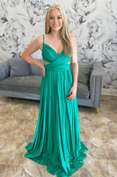 Load image into Gallery viewer, Princess Green Satin Spaghetti Straps A Line Long Prom Dress