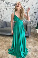 Load image into Gallery viewer, Princess Green Satin Spaghetti Straps A Line Long Prom Dress
