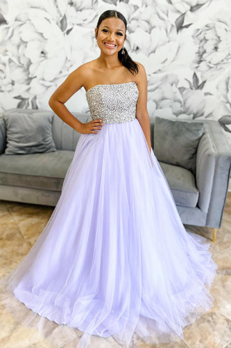 Sparkly Princess Lilac Tulle Beaded A Line Long Prom Dress