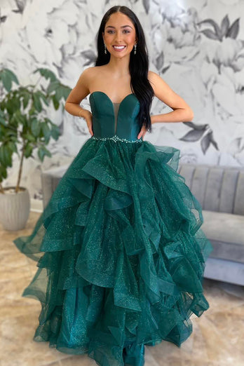 Glitter Princess Emerald Green Tulle Ball Gown Long Prom Dress with Ruffles