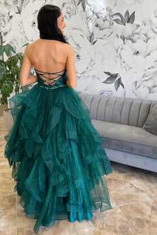 Glitter Princess Emerald Green Tulle Ball Gown Long Prom Dress with Ruffles