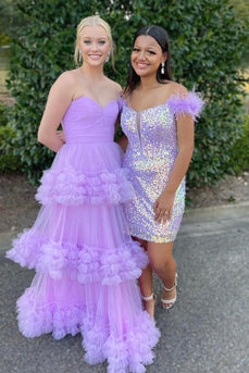 Princess Lavender Tulle Ball Gown Long Prom Dress with Ruffles