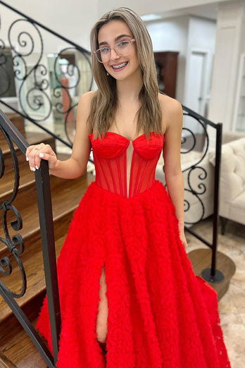 Princess Red Velvet Corset A Line Long Prom Dress with Slit