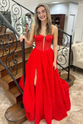 Princess Red Velvet Corset A Line Long Prom Dress with Slit