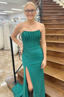 Load image into Gallery viewer, Emerald Green Satin Corset Mermaid Long Prom Dress with Slit