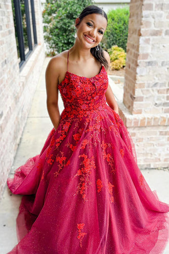 Glitter Princess Dark Red Tulle Ball Gown Long Prom Dress with Pockets