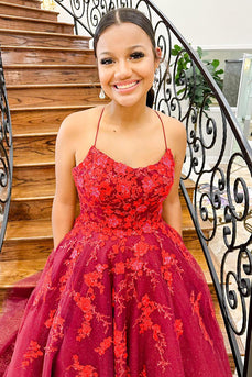 Glitter Princess Dark Red Tulle Ball Gown Long Prom Dress with Pockets