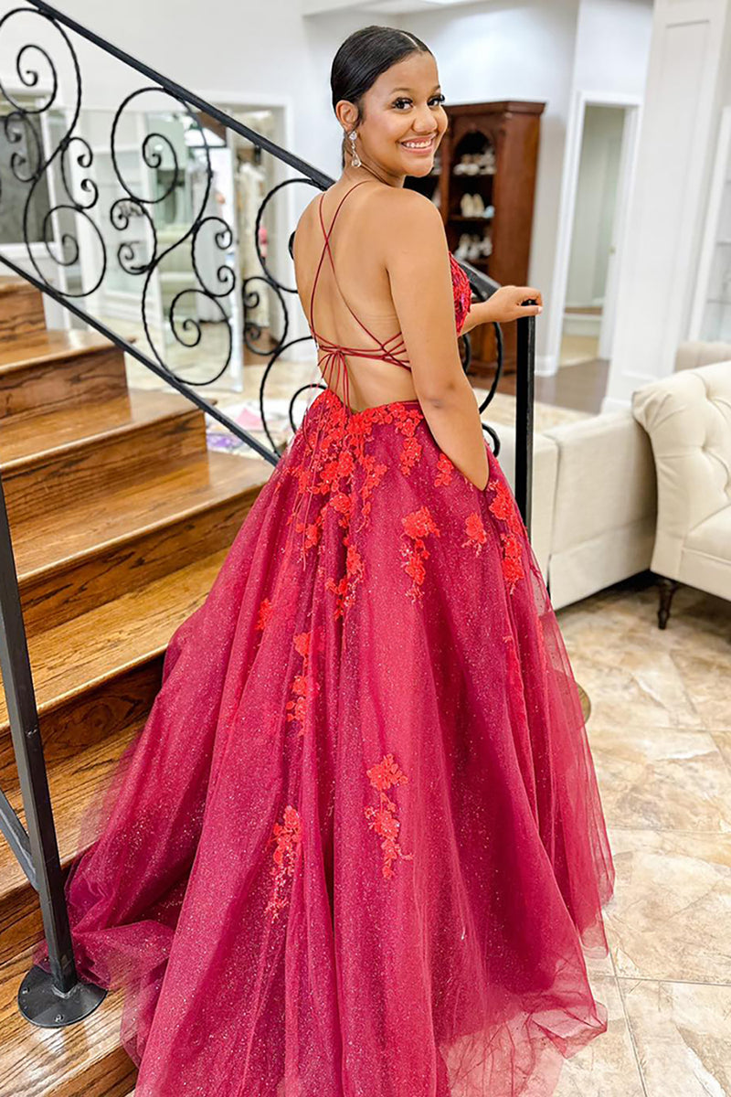 Load image into Gallery viewer, Glitter Princess Dark Red Tulle Ball Gown Long Prom Dress with Pockets