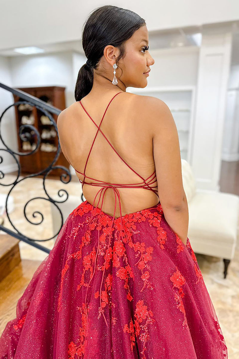 Load image into Gallery viewer, Glitter Princess Dark Red Tulle Ball Gown Long Prom Dress with Pockets