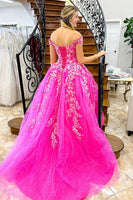 Load image into Gallery viewer, Princess Hot Pink Tulle Floral Ball Gown Long Prom Dress with Appliques