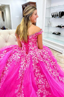 Load image into Gallery viewer, Princess Hot Pink Tulle Floral Ball Gown Long Prom Dress with Appliques