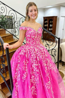 Load image into Gallery viewer, Princess Hot Pink Tulle Floral Ball Gown Long Prom Dress with Appliques