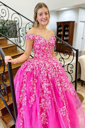 Princess Hot Pink Tulle Floral Ball Gown Long Prom Dress with Appliques