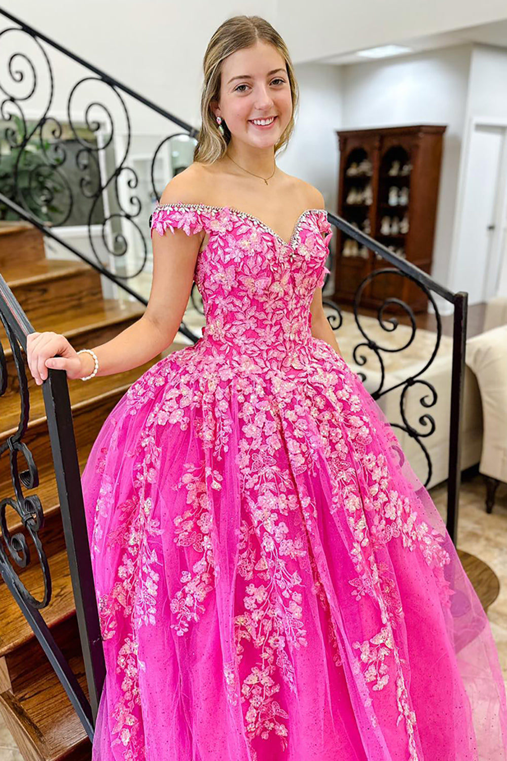 Princess Hot Pink Tulle Floral Ball Gown Long Prom Dress with Appliques