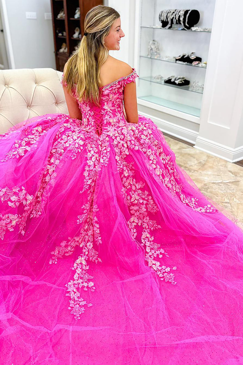 Load image into Gallery viewer, Princess Hot Pink Tulle Floral Ball Gown Long Prom Dress with Appliques