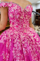 Load image into Gallery viewer, Princess Hot Pink Tulle Floral Ball Gown Long Prom Dress with Appliques