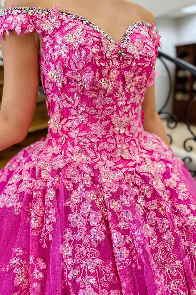 Load image into Gallery viewer, Princess Hot Pink Tulle Floral Ball Gown Long Prom Dress with Appliques