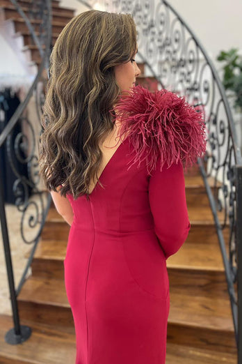 Burgundy Satin Mermaid Long Sleeve Long Prom Dress with Slit