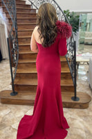 Load image into Gallery viewer, Burgundy Satin Mermaid Long Sleeve Long Prom Dress with Slit