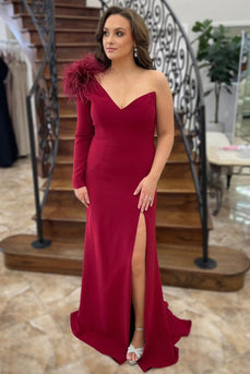 Burgundy Satin Mermaid Long Sleeve Long Prom Dress with Slit