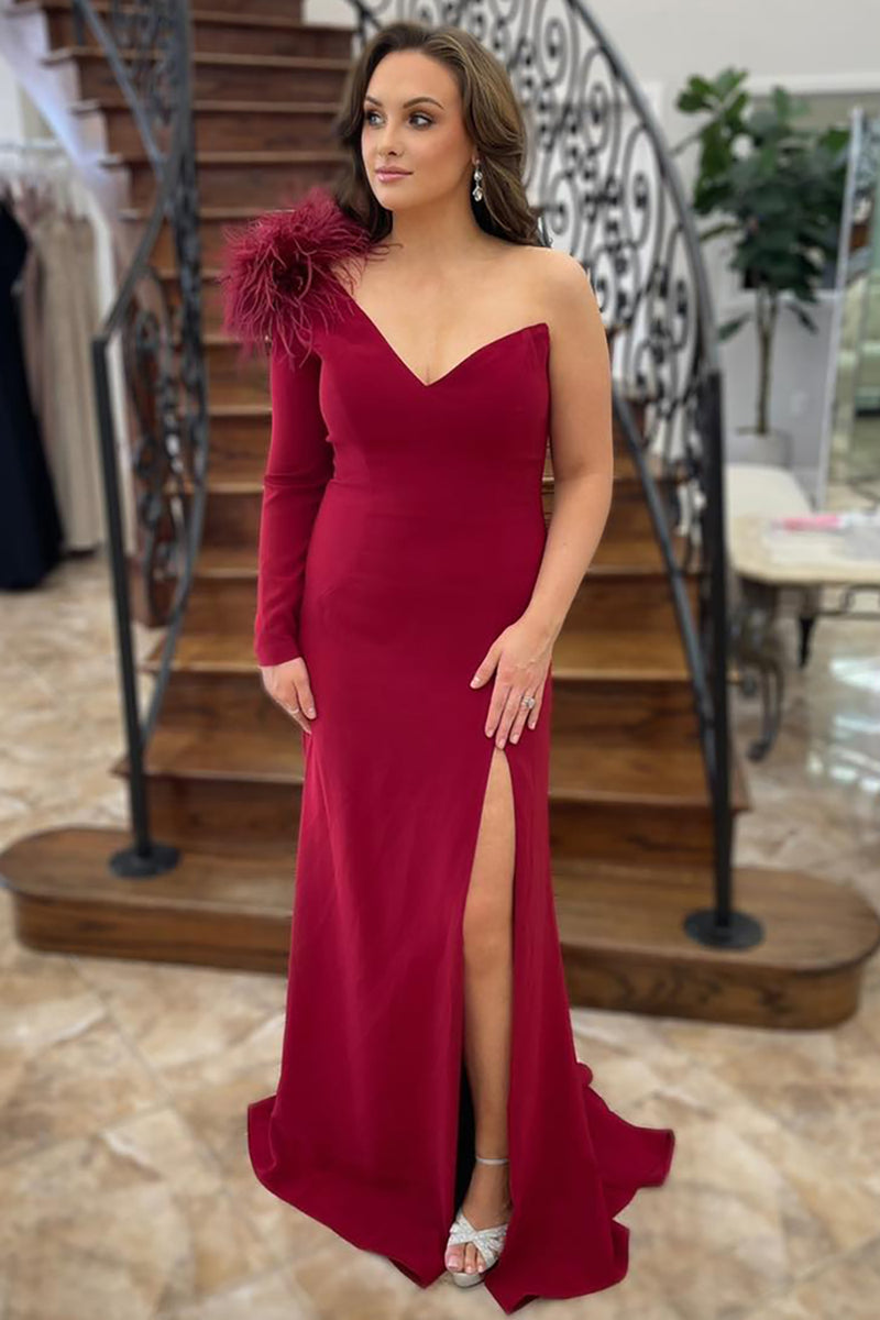 Load image into Gallery viewer, Burgundy Satin Mermaid Long Sleeve Long Prom Dress with Slit