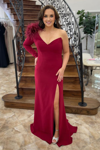 Burgundy Satin Mermaid Long Sleeve Long Prom Dress with Slit