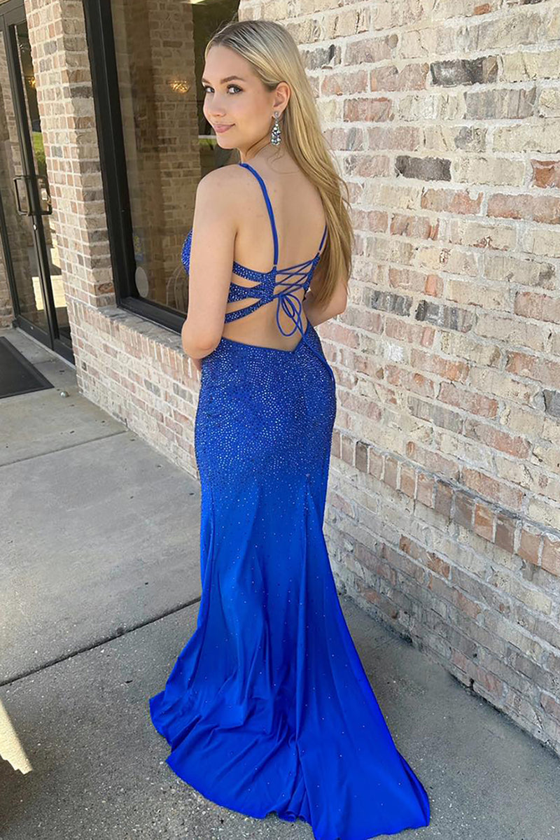 Load image into Gallery viewer, Sparkly Royal Blue Satin Mermaid Beaded Long Prom Dress with Slit