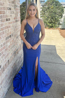 Load image into Gallery viewer, Sparkly Royal Blue Satin Mermaid Beaded Long Prom Dress with Slit