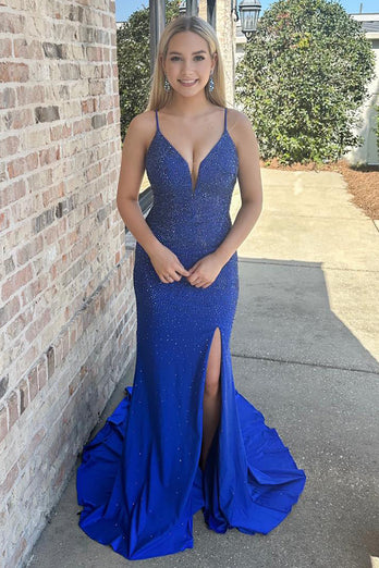 Sparkly Royal Blue Satin Mermaid Beaded Long Prom Dress with Slit