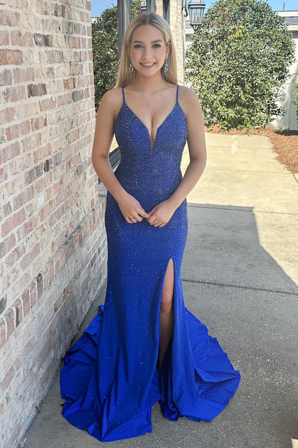 Sparkly Royal Blue Satin Mermaid Beaded Long Prom Dress with Slit