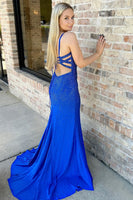 Load image into Gallery viewer, Sparkly Royal Blue Satin Mermaid Beaded Long Prom Dress with Slit