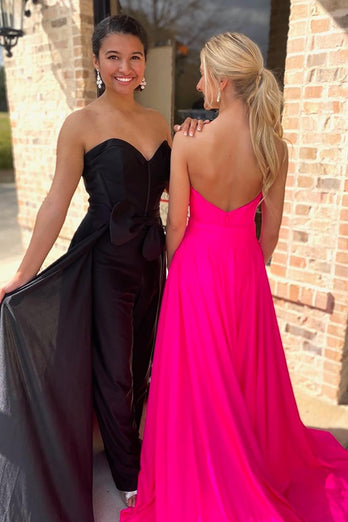 Fuchsia Satin Corset Sweetheart Prom Jumpsuits with Cape