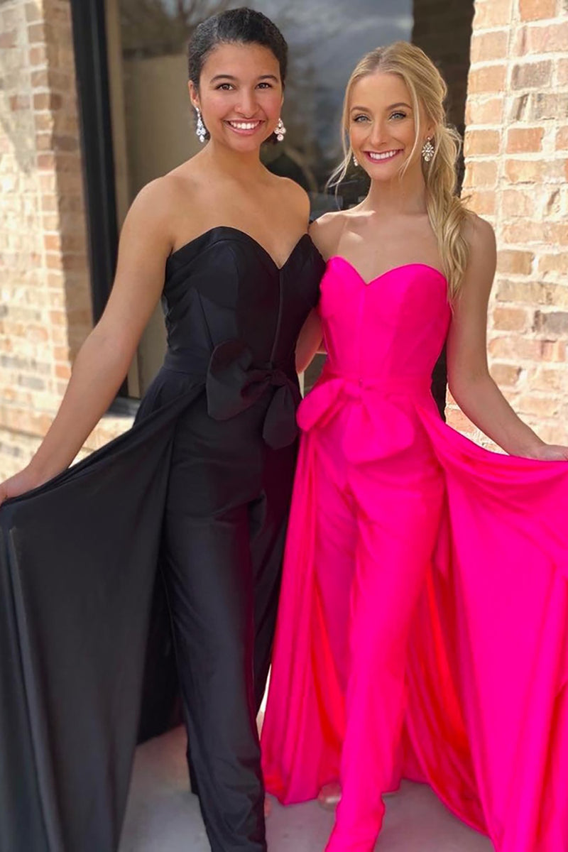 Load image into Gallery viewer, Fuchsia Satin Corset Sweetheart Prom Jumpsuits with Cape