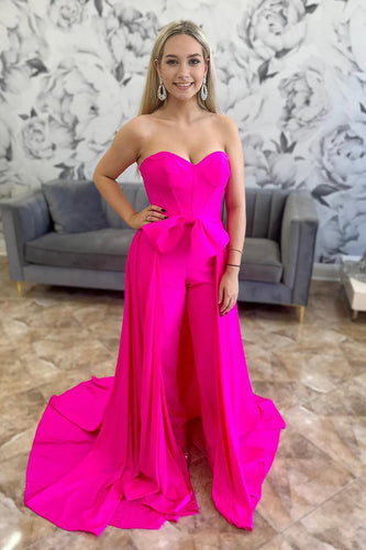 Fuchsia Satin Corset Sweetheart Prom Jumpsuits with Cape
