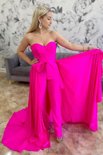 Fuchsia Satin Corset Sweetheart Prom Jumpsuits with Cape