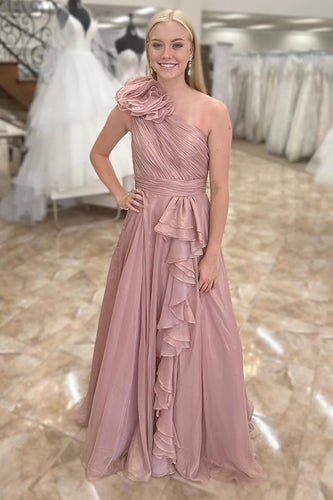 Princess Blush Chiffon Pleated A Line Long Prom Dress with Ruffles
