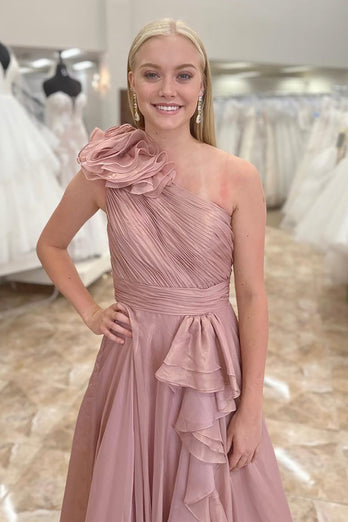 Princess Blush Chiffon Pleated A Line Long Prom Dress with Ruffles