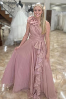 Load image into Gallery viewer, Princess Blush Chiffon Pleated A Line Long Prom Dress with Ruffles