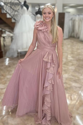 Princess Blush Chiffon Pleated A Line Long Prom Dress with Ruffles
